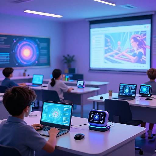 Photograph of a brightly lit classroom with five students, all wearing glasses, seated at white desks using laptops and tablets, focused on a large projected screen