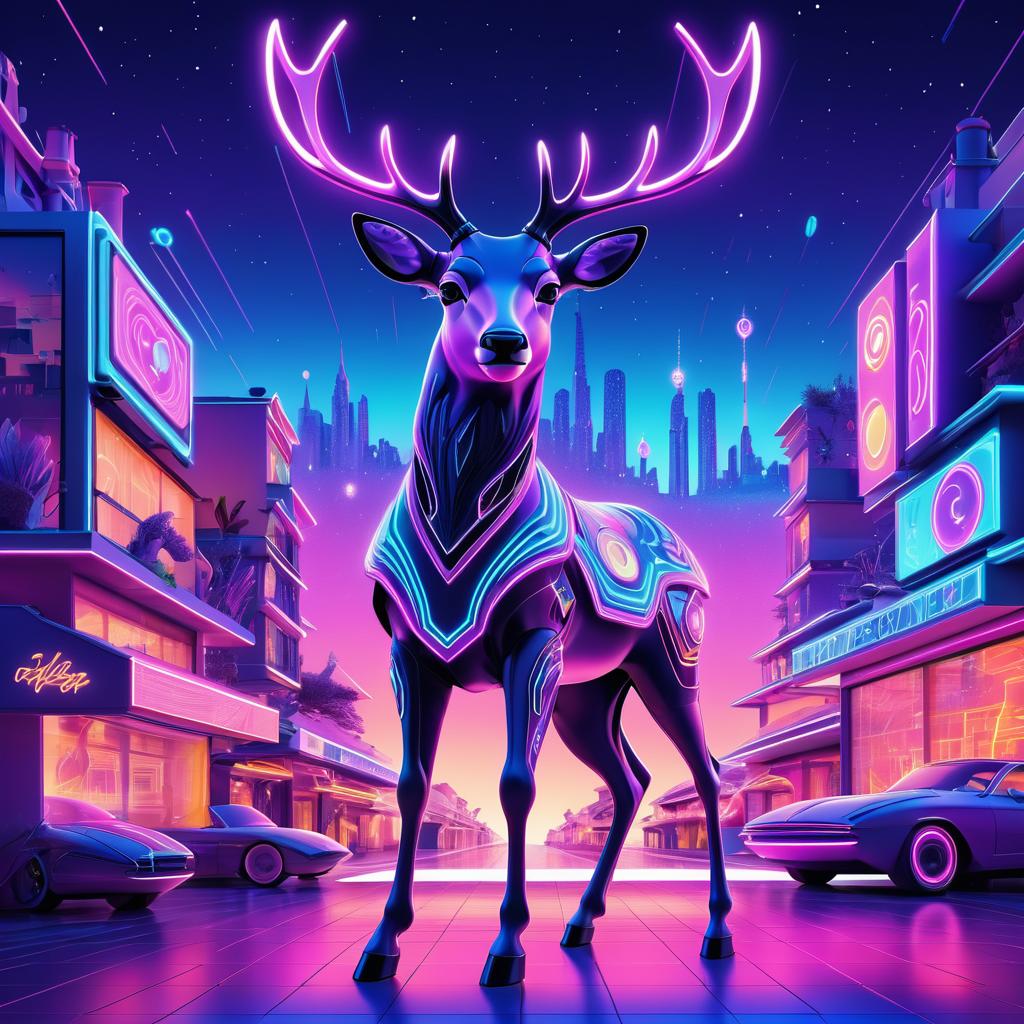 Whimsical Cyberpunk Deer in Retro Sunset