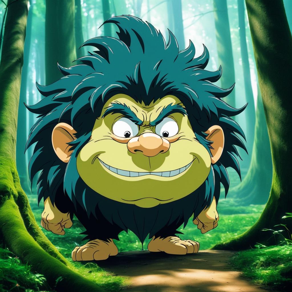 Comedic Grumpy Troll in Fairy Tale Forest