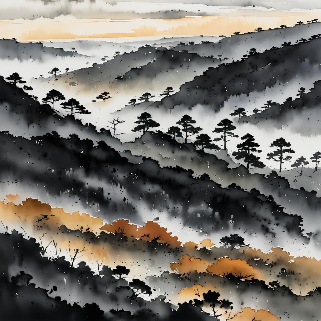 Misty Autumn Heathland with Ink Wash