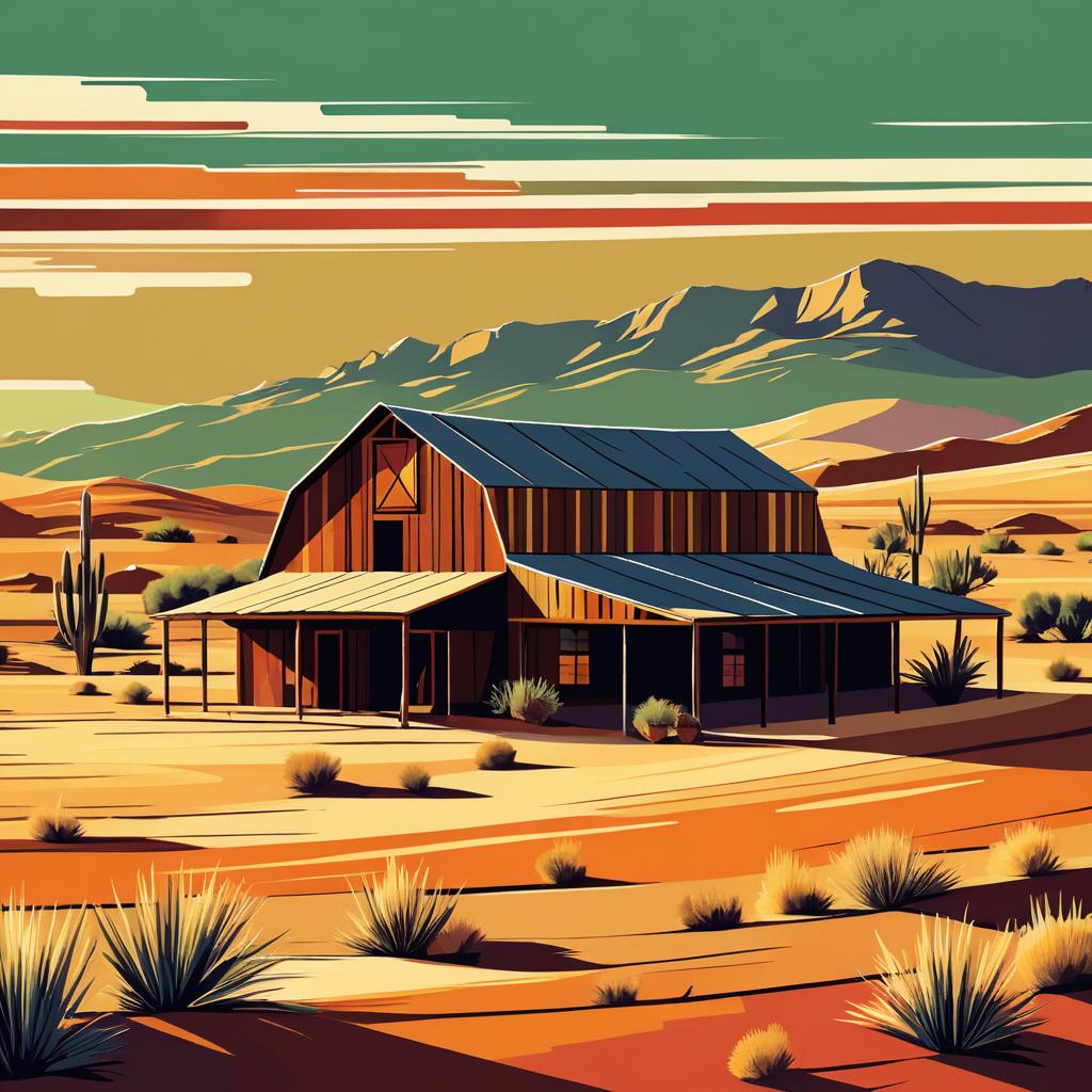 Rustic Desert Barn in 70s Folk Art