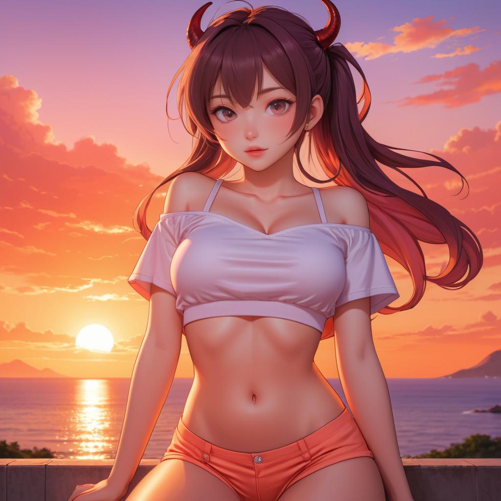 Playful Demon Girl in Sunset Glow