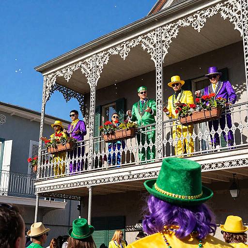 Colorful Mardi Gras parade on a porch with ornate white lace trim, featuring people in vibrant costumes, hats, and flowers, against a