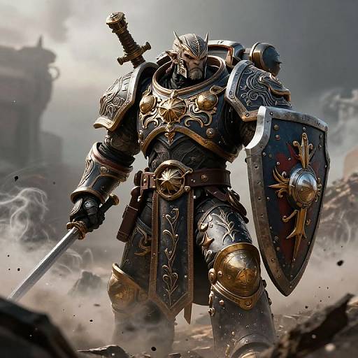 Digital art of a heavily armored, helmeted warrior with intricate gold and black plate armor, holding a sword and shield, standing in a dusty, ruined
