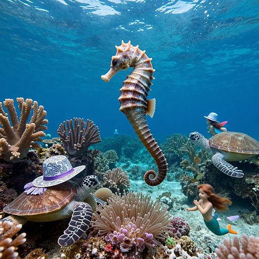 Underwater Fantasy with Seahorse, Turtles, and Mermaids