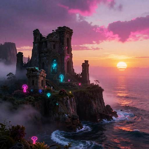 Ancient Bioluminescent Ruins at Sunset