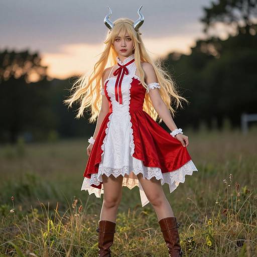 Photograph of a blonde woman in a red and white devil costume with horns, lace trim, red bow, brown boots, standing in a grassy