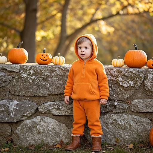 Joyful Child in Autumn Pumpkin Patch