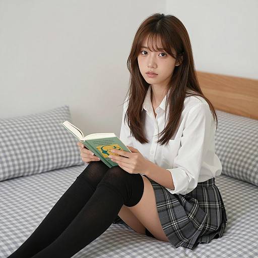 Asian Woman Reading in Cozy Bedroom