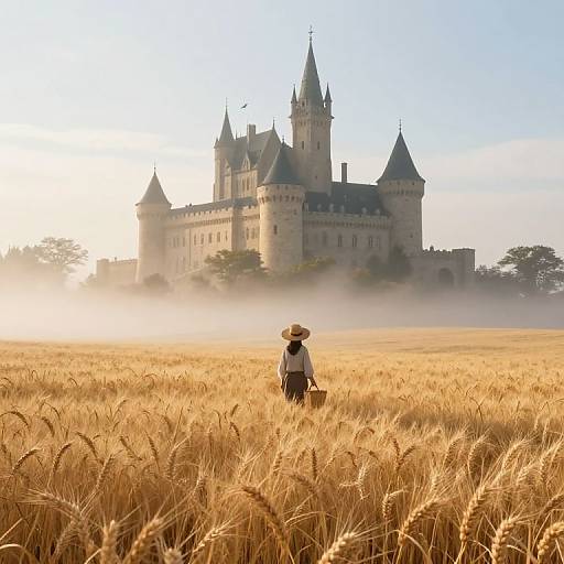 Photograph of a lone farmer in a straw hat, standing in a golden wheat field, facing a misty, medieval castle with tall spires at