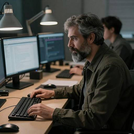 Bearded Man in Moody Tech Office