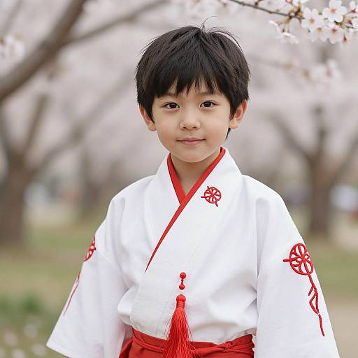 Boy in Traditional Kimono Amid Cherry Blossoms