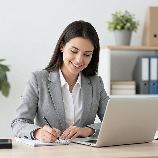 Photograph of a smiling, dark-haired woman in a gray suit, white shirt, writing on a notepad in front of a laptop, in a