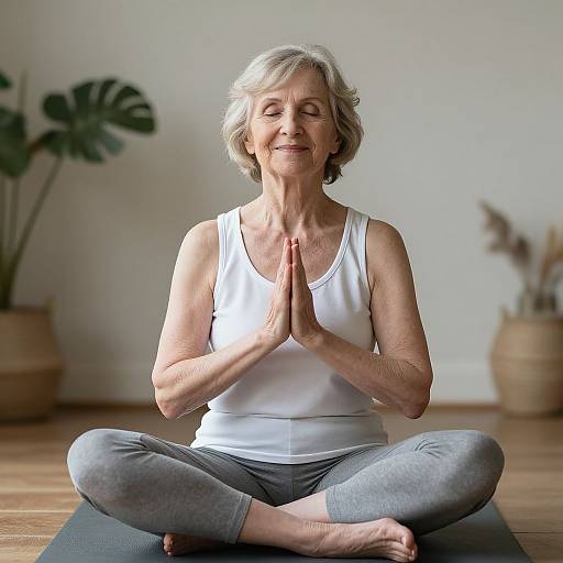 Photograph of an elderly woman with short gray hair, wearing a white tank top and gray pants, meditating in lotus position, hands in prayer