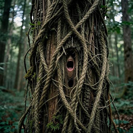 Photograph of a tree with thick, tangled ropes covering its trunk, revealing a hollow, open-mouthed dark hole in the center. Background: dense
