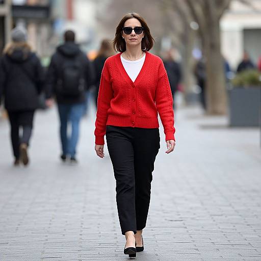 Photograph of a confident woman in a red cardigan, white top, black pants, and black heels, walking on a city street, wearing sunglasses