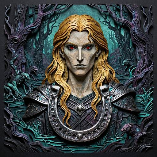 Digital fantasy portrait of a stern, red-eyed man with long, wavy blonde hair, wearing metallic armor, surrounded by dark, twisted forest.