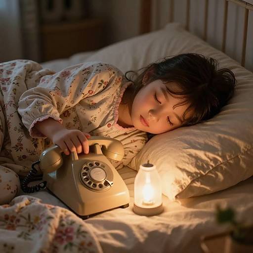 Photograph of a young Asian girl with black hair asleep in a floral pajama, holding an old-fashioned beige telephone, illuminated by a soft lamp on