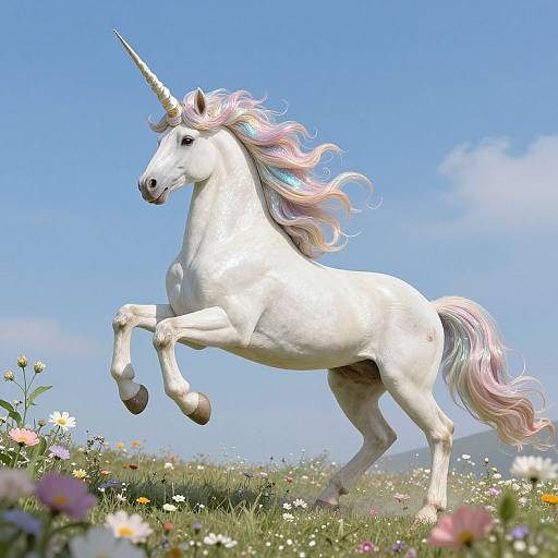 Photograph of a white unicorn with a pastel pink and blue mane, rearing up in a sunny meadow filled with colorful wildflowers under a