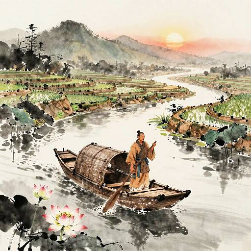 Zen Ink Painting of Monk on Sampan