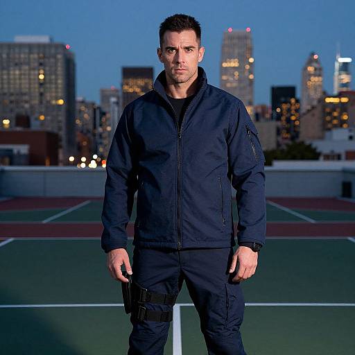 Photograph of a muscular, serious-looking man in a dark navy jumpsuit standing on a rooftop tennis court at dusk, with a city skyline of lit