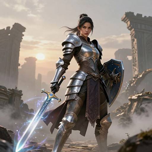 Digital artwork of a fierce, armored warrior woman with long black hair, glowing sword, and shield, standing in a ruined, misty cityscape at