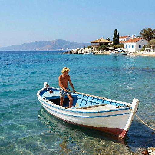 Blonde Greek Fisherman on Turquoise Sea