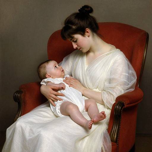 Photograph of a pale-skinned woman with dark hair in a bun, wearing a white, semi-transparent dress, cradling a baby in white
