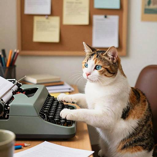 Photograph of a curious, calico cat with blue eyes typing on an old-fashioned green typewriter in a cluttered office with a bulletin board and