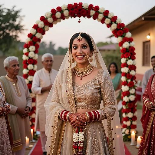Photograph of a smiling South Asian bride in a gold and cream traditional lehenga, veil, and jewelry, standing under a red and white flower arch