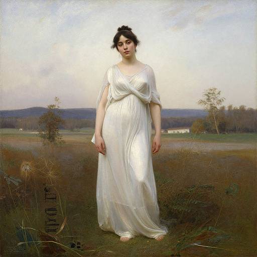 Photograph of a pale-skinned, dark-haired woman in a flowing white gown standing in a grassy field with distant hills and trees.