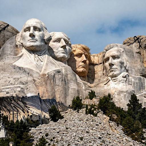 Photograph of the Four Presidents Monument at Mount Rushmore, featuring four large, white granite busts of George Washington, Thomas Jefferson, Theodore Roosevelt,