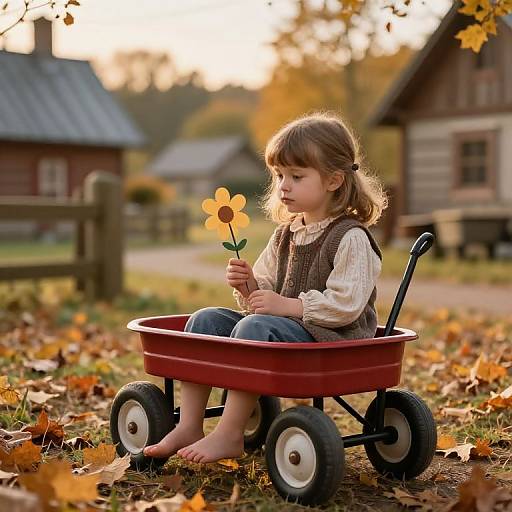 Little Girl on Red Wagon in Autumn