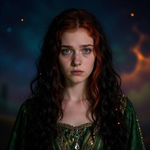 Photograph of a young woman with long, wavy red hair, pale skin, and blue eyes, wearing a dark green, ornately embroidered dress