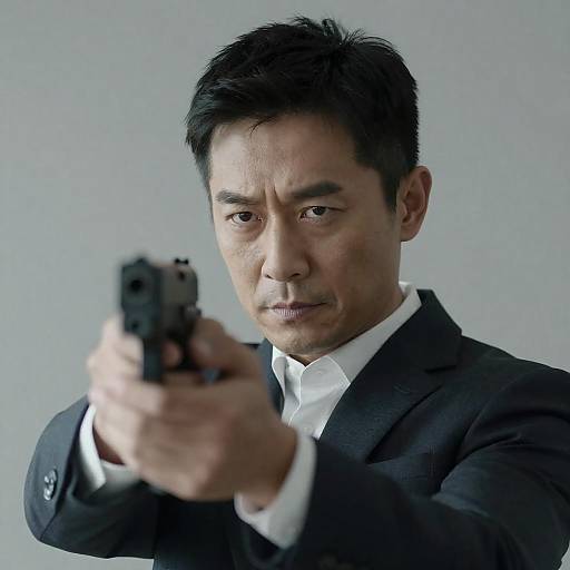 Intense Portrait of Asian Man with Gun
