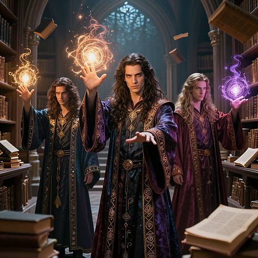Photograph-like CGI of three long-haired wizards in dark blue robes with gold trim, casting magical fire and purple energy in a dimly lit library.