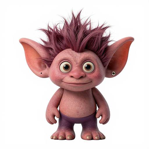 CGI cartoon goblin with pinkish skin, large ears, spiky purple hair, wide eyes, small nose, purple pants, standing against white