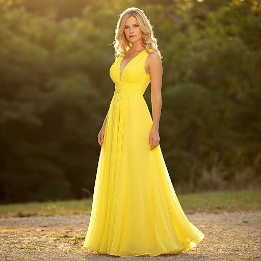 Photograph of a blonde woman in a vibrant yellow, sleeveless, V-neck gown standing outdoors with sunlit, green foliage background.