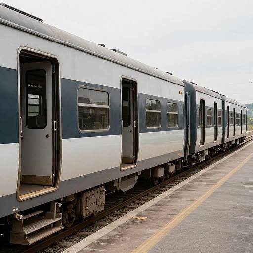 Photograph of a blue and white passenger train with multiple doors, parked on a concrete platform with yellow safety lines.
