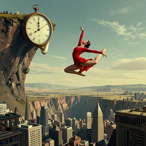 Photorealistic digital art: A dancer in a red dress leaps mid-air above a giant clock on a cliff, overlooking a cityscape with skyscrap