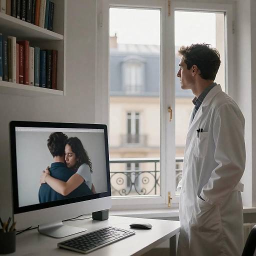 Man in Lab Coat, Monitor Embrace