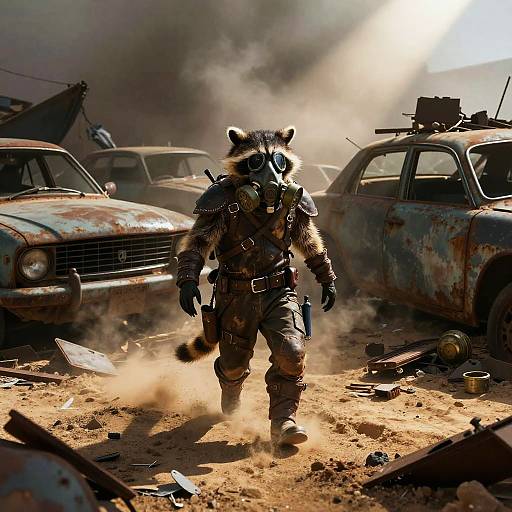 Photograph of a raccoon in rugged military gear walking through a dusty, war-torn wasteland with rusted, abandoned cars and smoke in the