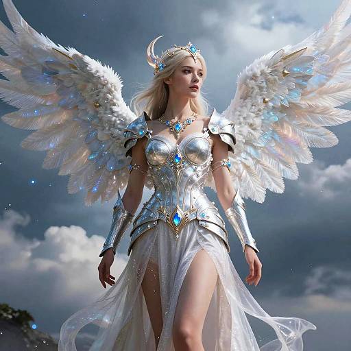 Digital art of a beautiful, blonde angelic warrior with silver armor, white feathered wings, and blue gem accents, standing in a cloudy sky.