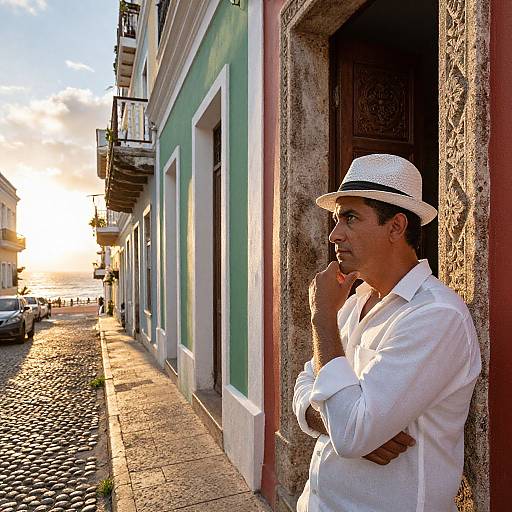 Photograph of a middle-aged man in a white shirt and hat, standing thoughtfully on a sunlit cobblestone street beside green and white buildings