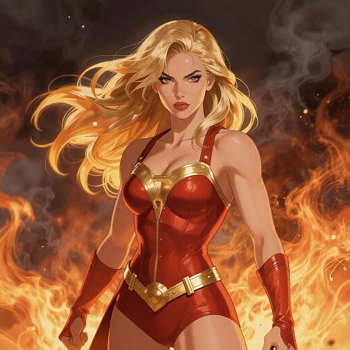 Confident Blonde Woman in Fiery Superhero Pose