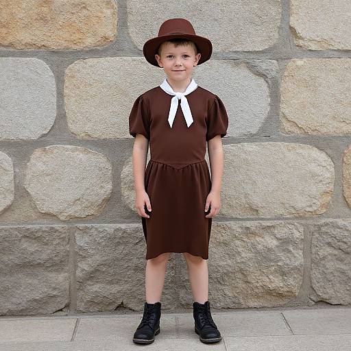 Photograph of a young boy standing against a stone wall, wearing a brown dress, white necktie, brown hat, black boots.