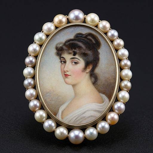 Photograph of a vintage portrait brooch featuring a painted woman with dark hair in an updo, wearing white, surrounded by large pearls against a black