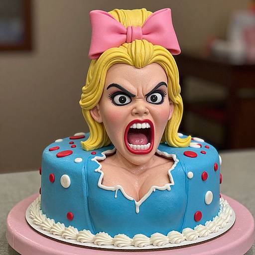 Photograph of a colorful, realistic cake featuring a blonde woman's angry face with wide eyes and open mouth, blue polka-dot dress, pink bow