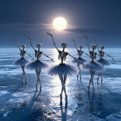 Digital artwork of six skeletal ballerinas in white tutus, arms raised, standing on a reflective, icy surface under a glowing moon.