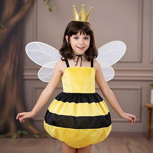 Photograph of a young girl with fair skin, brown hair, wearing a yellow and black bee costume, translucent wings, and a gold crown, standing